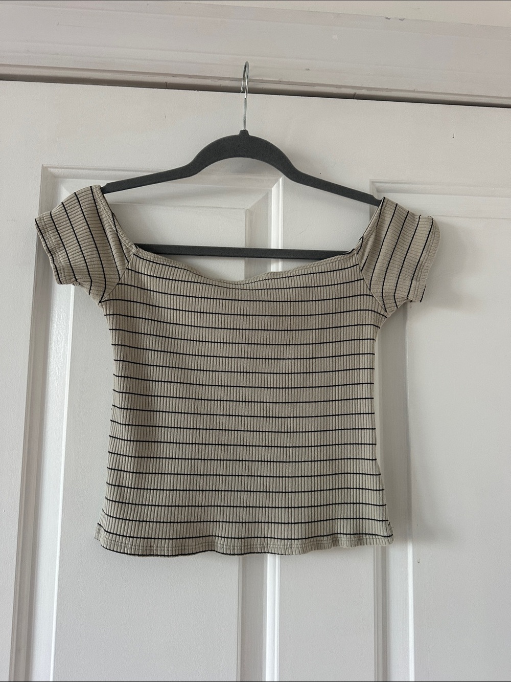 Urban Outfitters light green Ribbed Off-Shoulder Top with Black Stripes